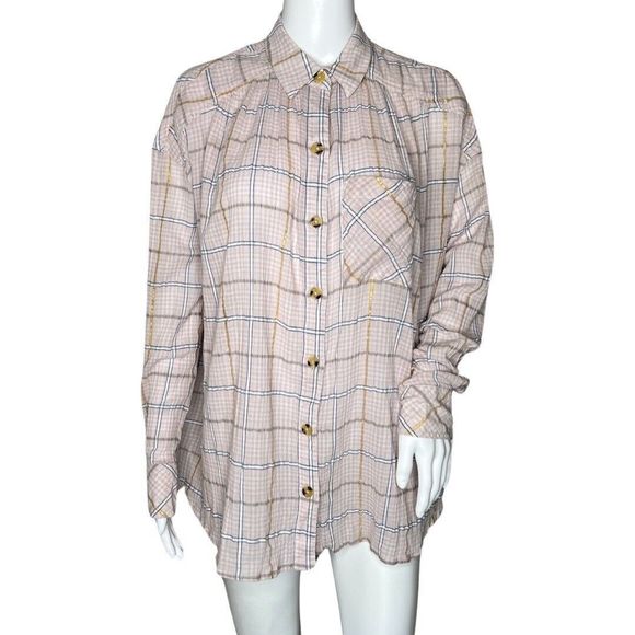 Free People Shirt Womens XS Break My Stride Pink Plaid Metallic Striped Bohemian - Picture 1 of 9